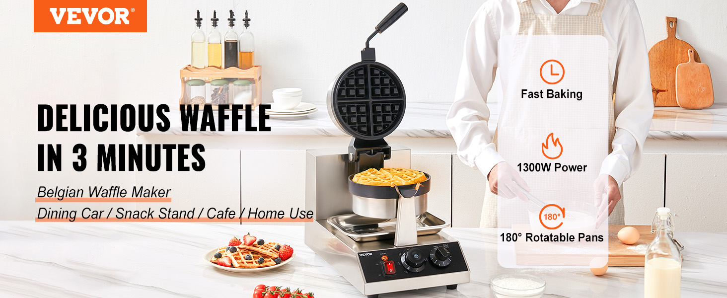VEVOR waffle maker for fast belgian waffles in 3 minutes, ideal for cafes and home use, 1300w power.