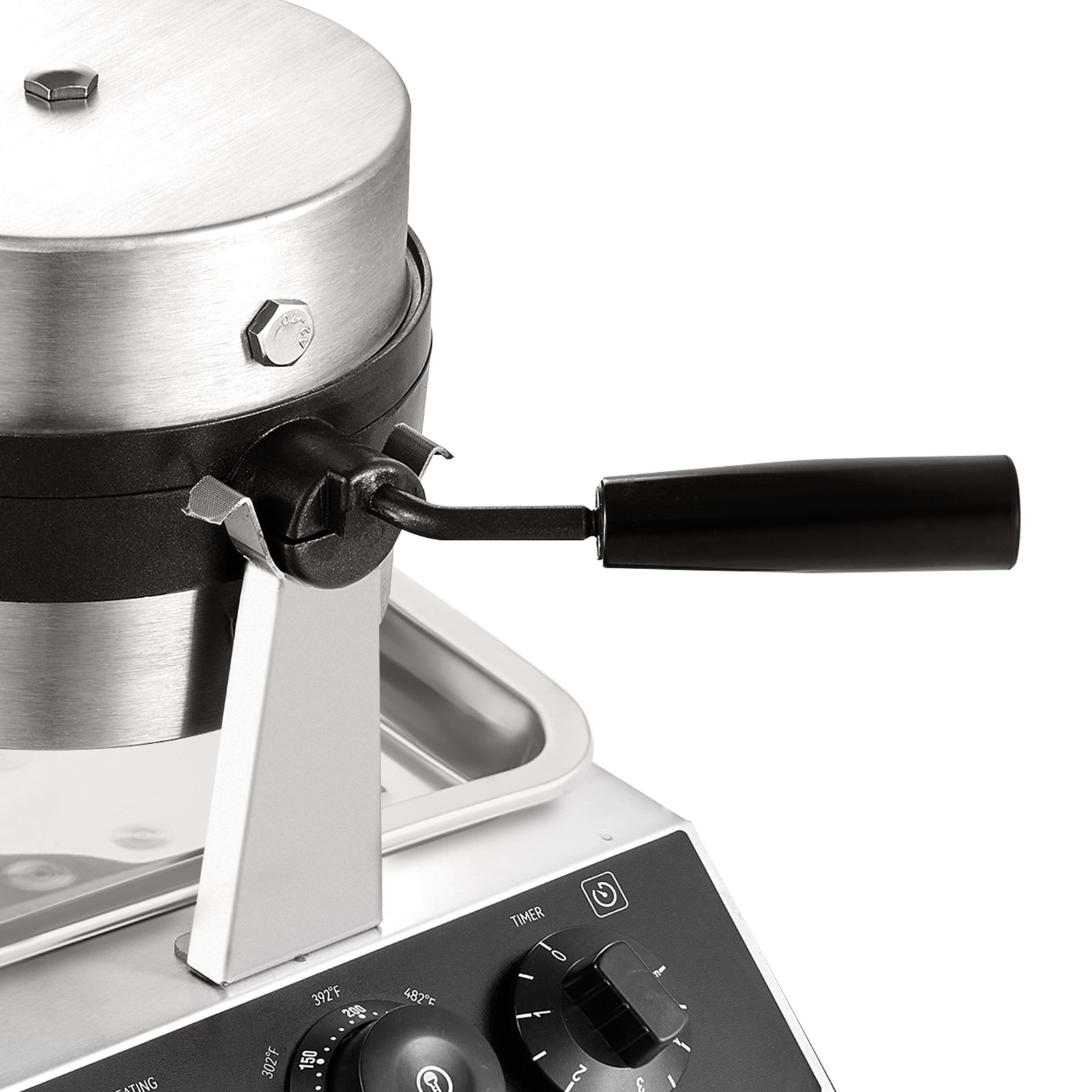 VEVOR waffle maker with a black handle and adjustable temperature and timer knobs