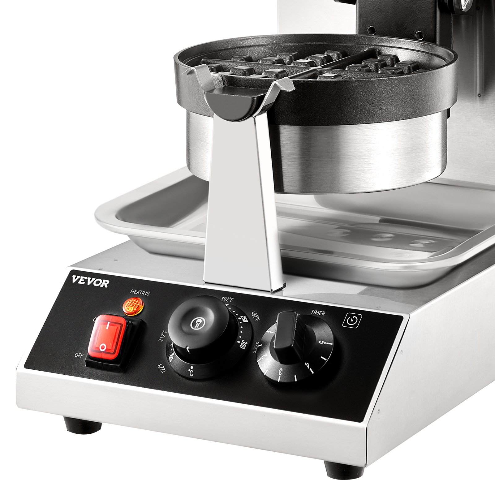 VEVOR waffle maker with stainless steel body, red power switch, and adjustable temperature and timer knobs