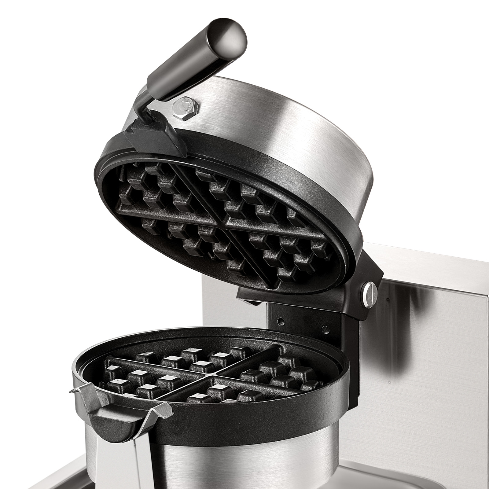 stainless steel VEVOR waffle maker with open gridded plates, handle in upright position.