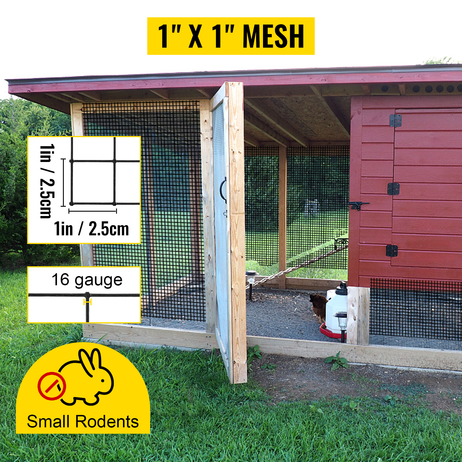 VEVOR welded wire fence for chicken coop, 1"x1" mesh, 16 gauge, blocks small rodents.