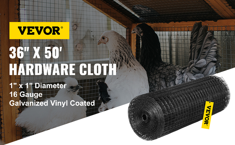 VEVOR hardware cloth 36" x 50', 1" x 1", 16 gauge, galvanized vinyl coated, in a coop.