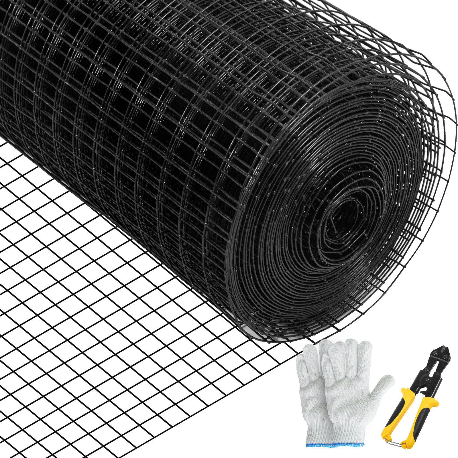 black VEVOR hardware cloth roll with gloves and wire cutters.