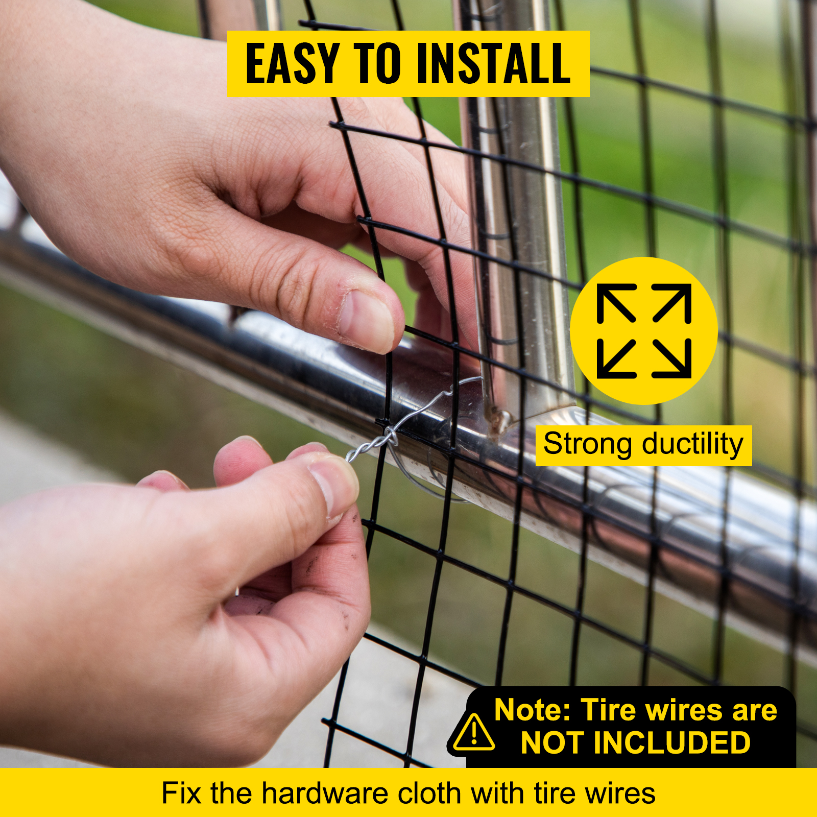 person installing VEVOR hardware cloth on metal frame using tire wires.