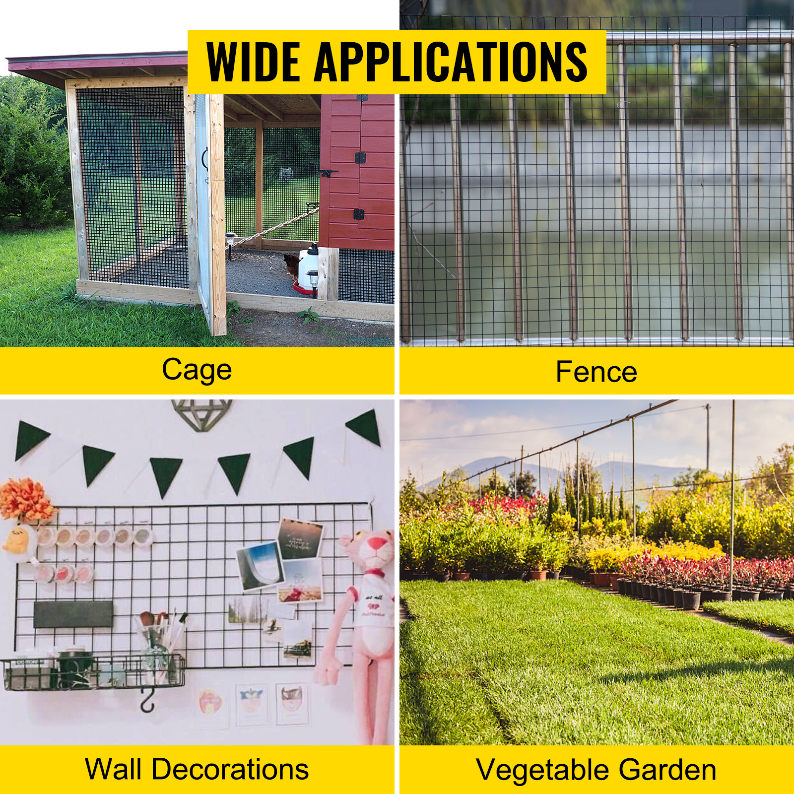 VEVOR hardware cloth used for cage, fence, wall decorations, and vegetable garden.