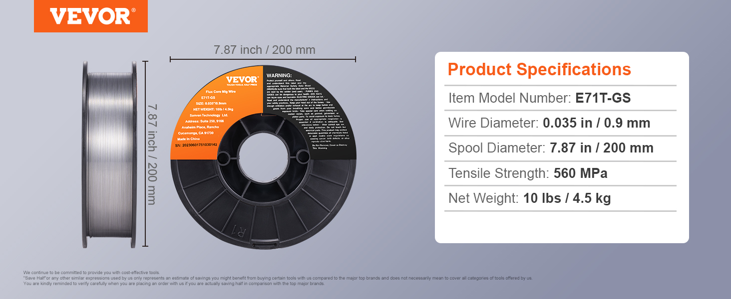 VEVOR mig welding wire spool e71t-gs, 0.035 in diameter, 10 lbs, 560 mpa tensile strength.