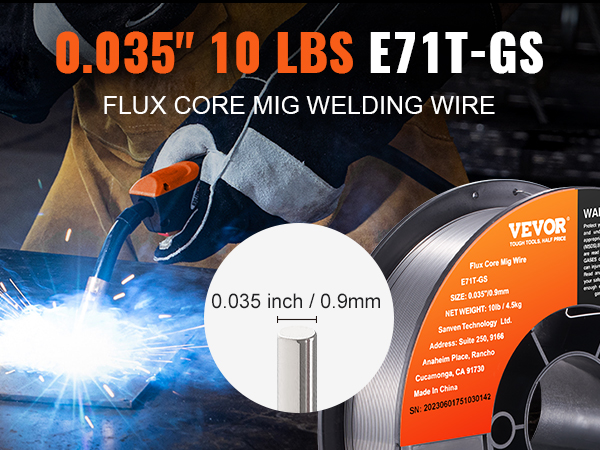 VEVOR 0.035" 10 lbs e71t-gs flux core mig welding wire spool and welding action.