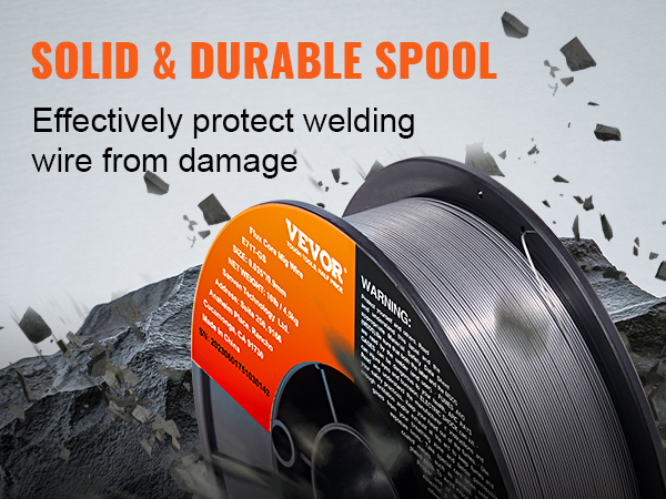 VEVOR mig welding wire spool on rocky background with "solid & durable spool" text.