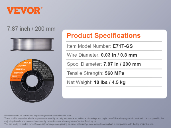 VEVOR flux core mig wire e71t-gs, 0.03in diameter, 7.87in spool, 560 mpa tensile strength, 10 lbs weight.
