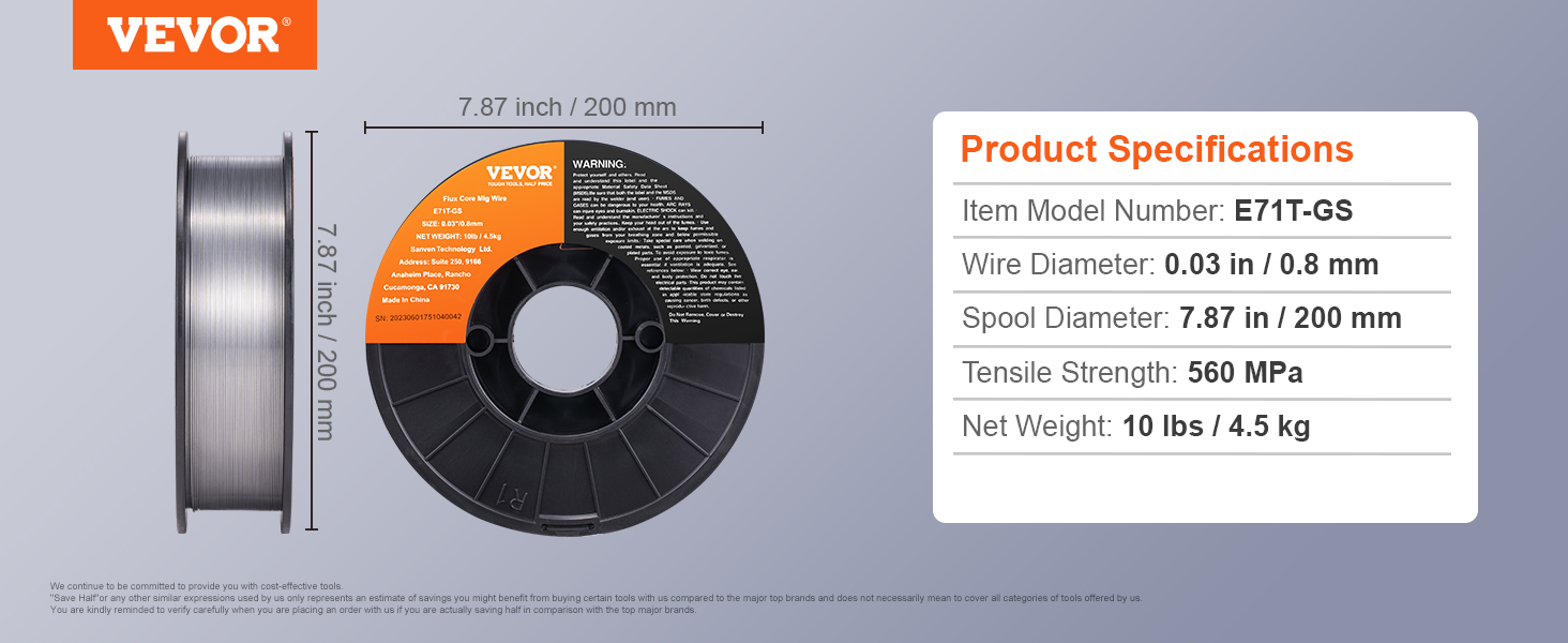 VEVOR flux core mig wire e71t-gs, 0.03in diameter, 7.87in spool, 560 mpa tensile strength, 10 lbs weight.