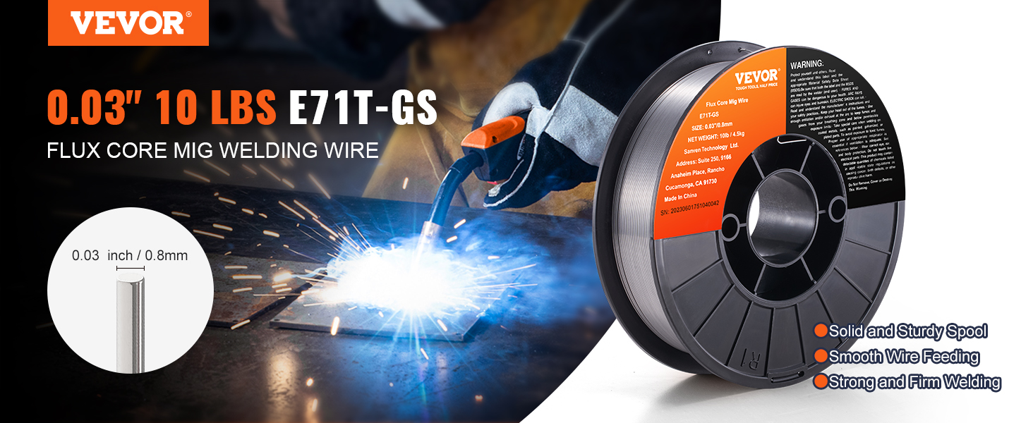VEVOR flux core mig wire e71t-gs 0.03" 10lbs spool for smooth wire feeding and strong welding.