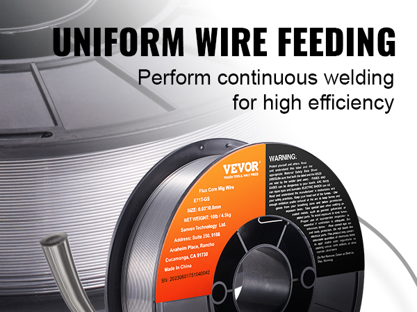 VEVOR flux core mig wire spool with uniform wire feeding for continuous welding efficiency.