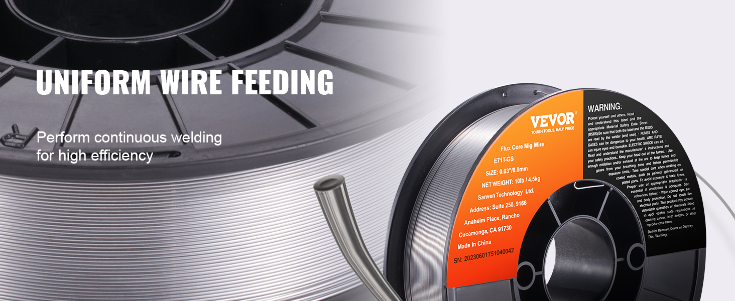 VEVOR flux core mig wire spool with uniform wire feeding for continuous welding efficiency.