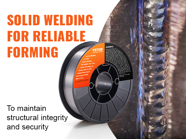VEVOR flux core mig wire spool with a metal weld and text "solid welding for reliable forming".