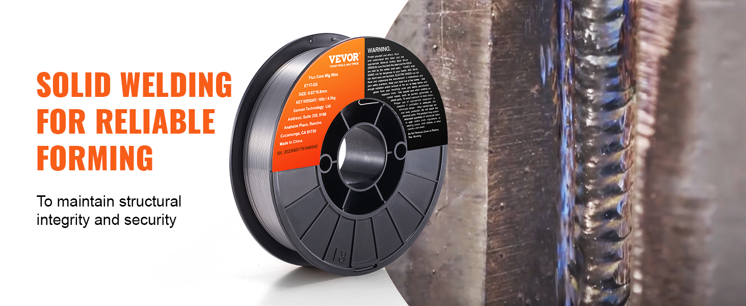 VEVOR flux core mig wire spool with a metal weld and text "solid welding for reliable forming".