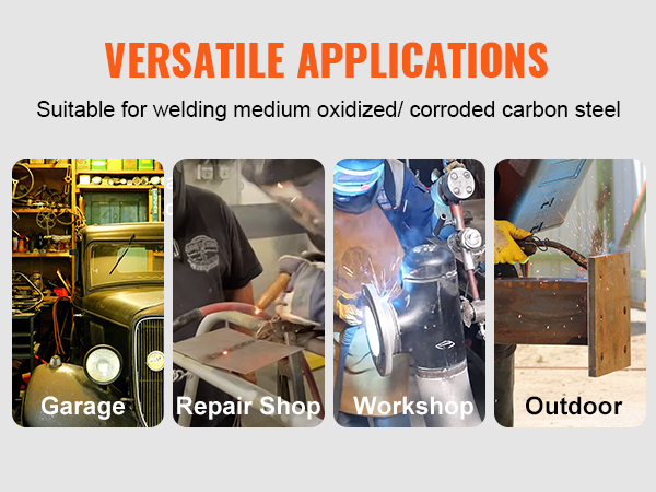 VEVOR flux core mig wire for welding in garage, repair shop, workshop, and outdoor settings.