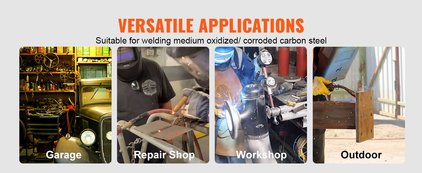 VEVOR flux core mig wire for welding in garage, repair shop, workshop, and outdoor settings.
