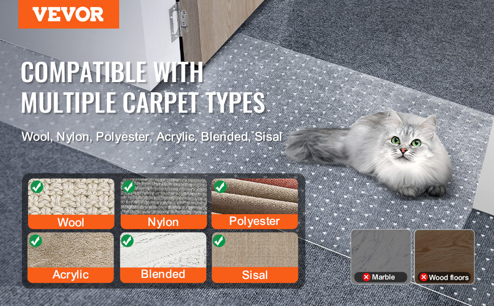 VEVOR carpet protector for pets, compatible with wool, nylon, polyester, acrylic, blended, and sisal surfaces.