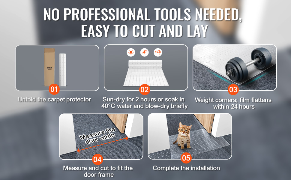 instructions for using VEVOR carpet protector for pets: unfold, sun-dry, weight corners, measure, cut, install.