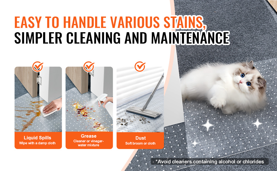 VEVOR carpet protector for pets, easily handles spills, grease, and dust; cat lounging on the carpet.
