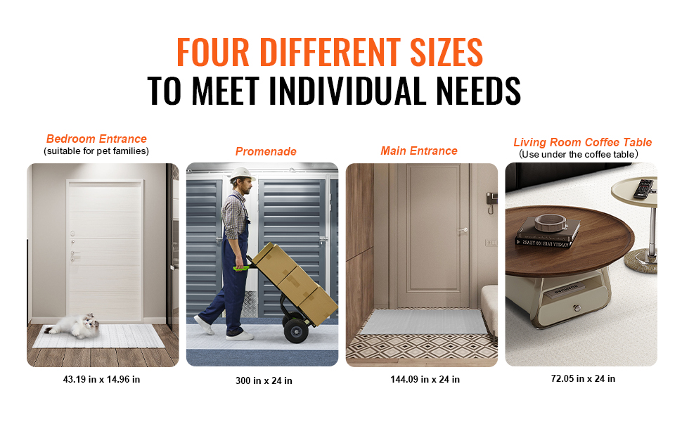 various sizes of VEVOR carpet protector for pets, ideal for bedroom entrance, promenade, main entrance, and living room coffee table.
