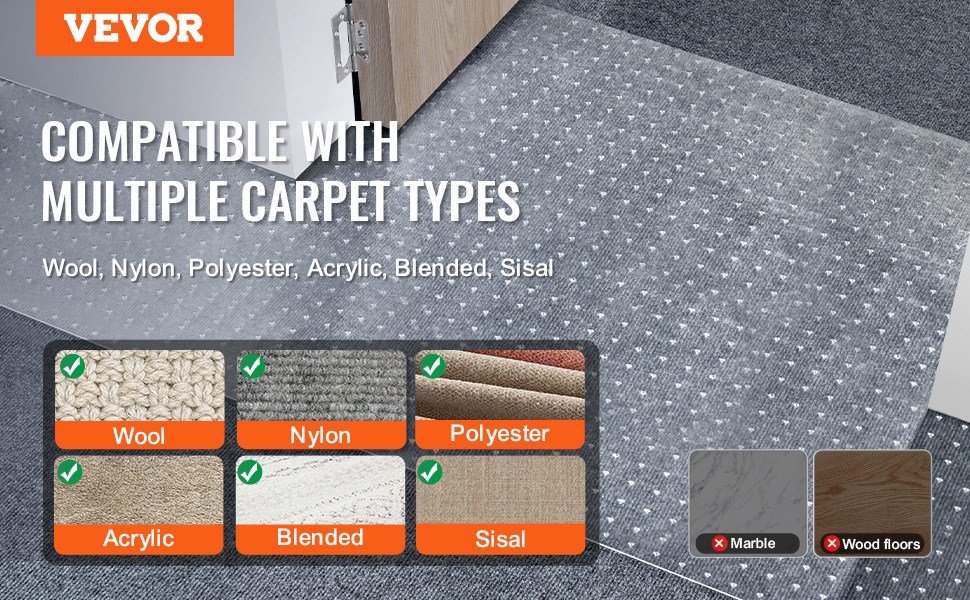 VEVOR carpet protector for pets compatible with wool, nylon, polyester, acrylic, blended, and sisal carpets.