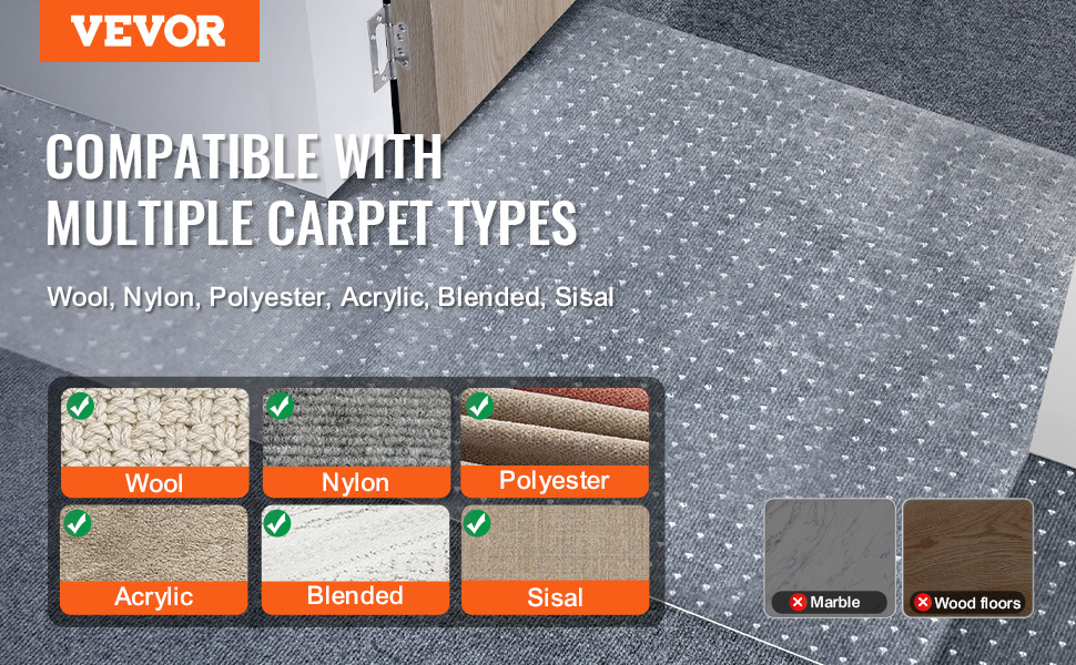 VEVOR carpet protector compatible with wool, nylon, polyester, acrylic, blended, and sisal carpets.