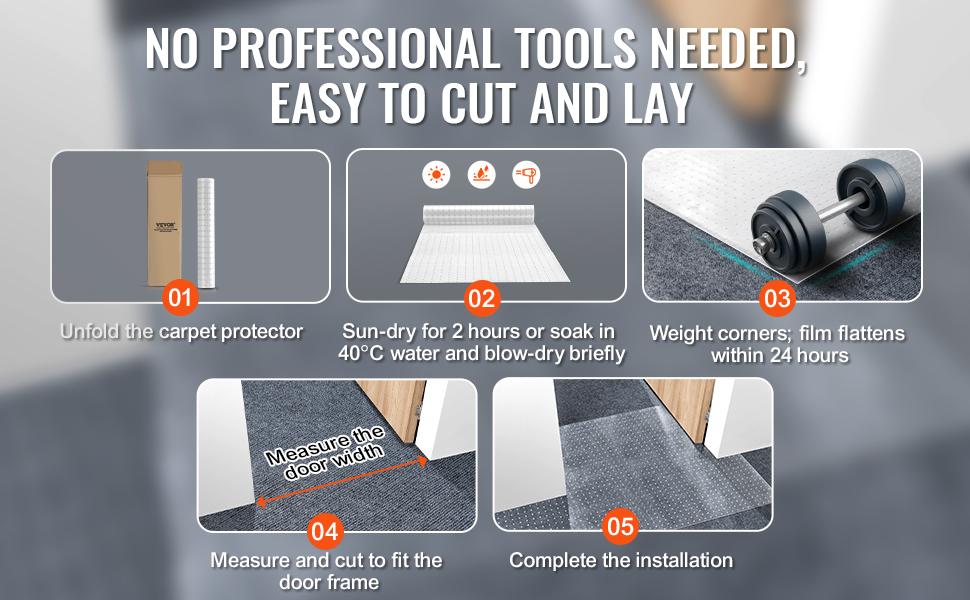 VEVOR carpet protector: easy installation steps, unpack, dry, weight, measure, cut, and install over carpet.