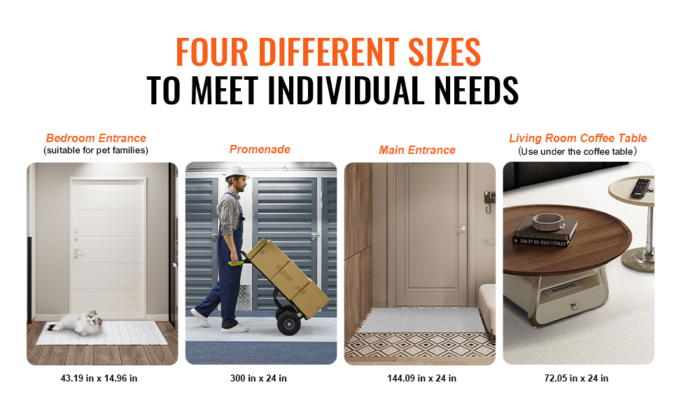 VEVOR carpet protector in four sizes for bedroom entrance, promenade, main entrance, and living room.