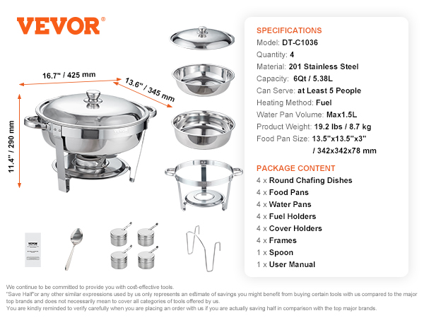 VEVOR chafing dish sets with 4 round dishes, stainless steel, includes covers, frames, and fuel holders.