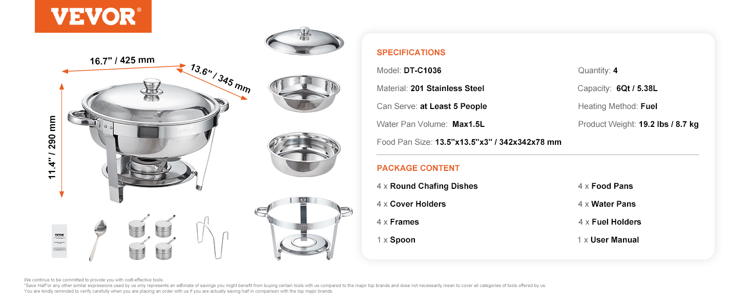 VEVOR chafing dish sets with 4 round dishes, stainless steel, includes covers, frames, and fuel holders.