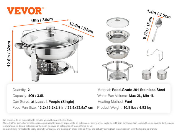 VEVOR chafing dish set, 4qt, stainless steel, includes lid, pans, heating elements, and spoon.