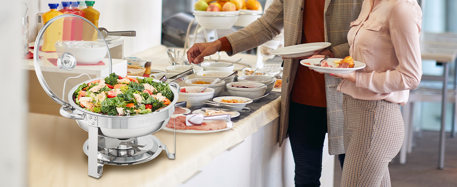 сервировка "шведского стола" с набором блюд для натирания VEVOR, свежим салатом, фруктами и разнообразными приправами.