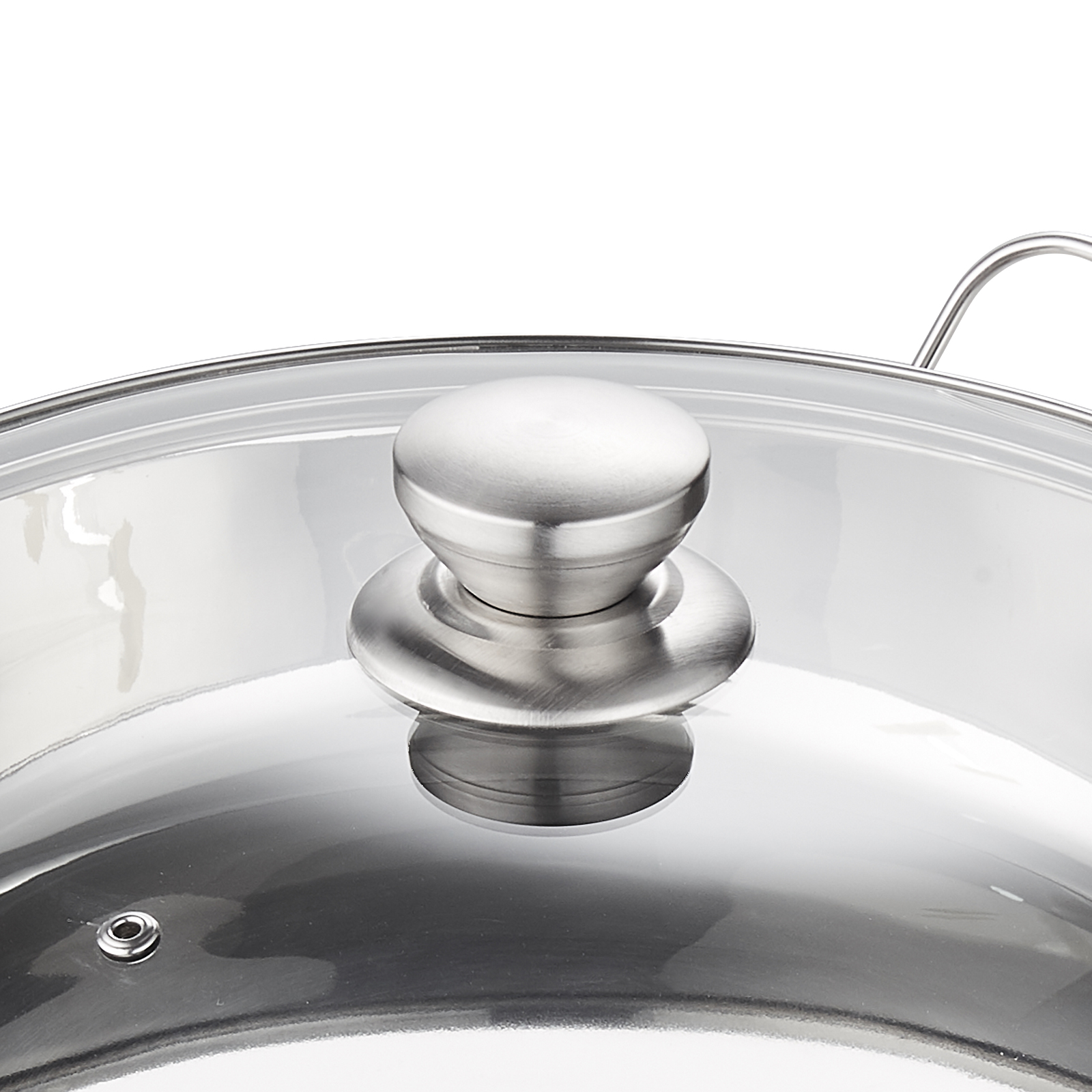 stainless steel lid of a VEVOR chafing dish set, showcasing the elegant knob and partial handle.