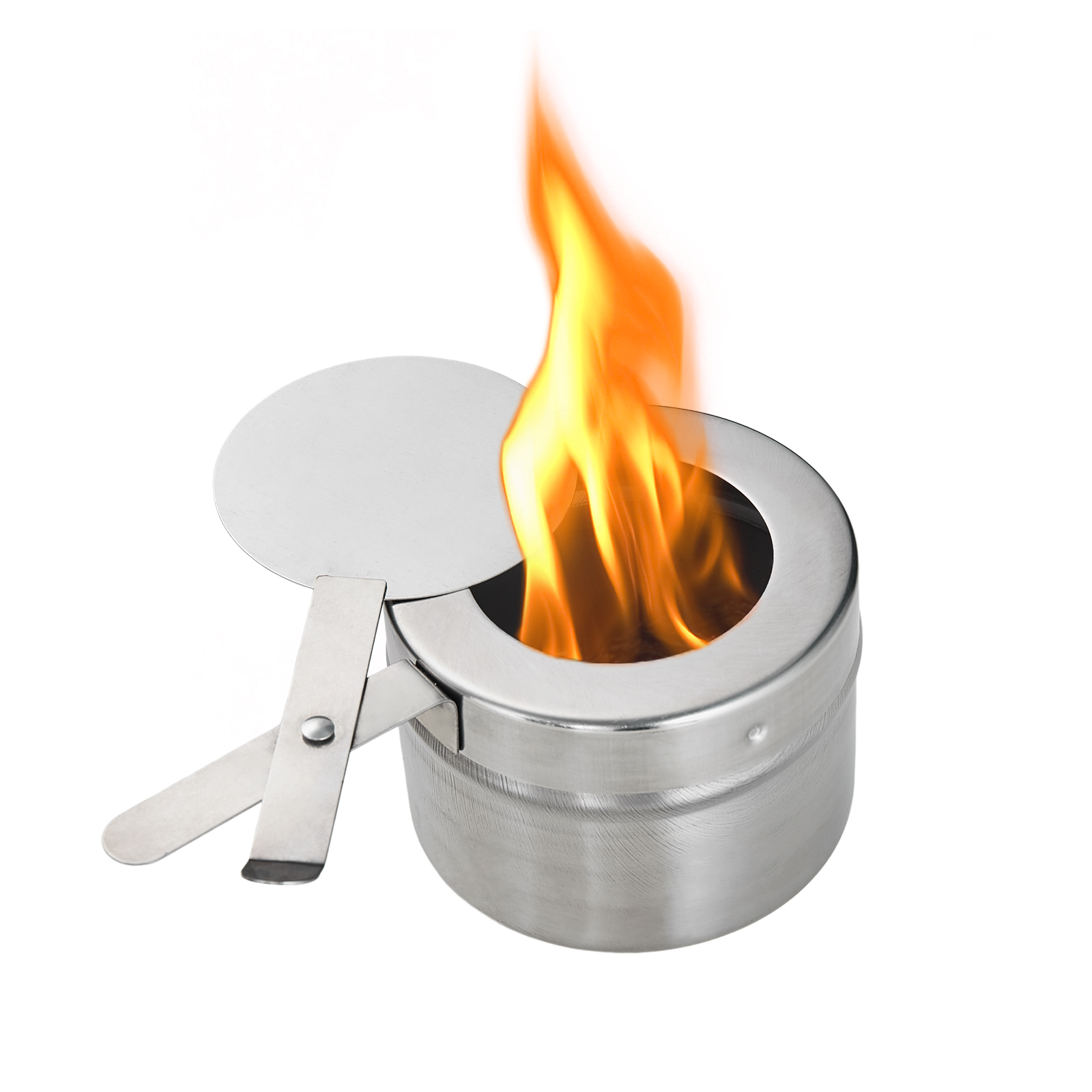 stainless steel fuel holder with open lid and flame for VEVOR chafing dish set.