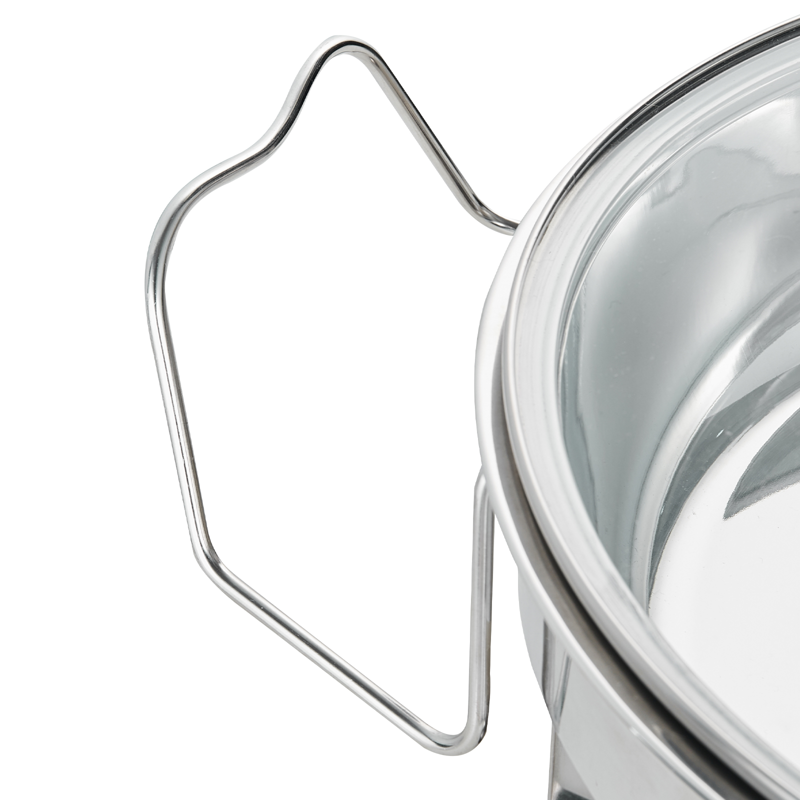 close-up of VEVOR chafing dish set handle and polished stainless steel frame.