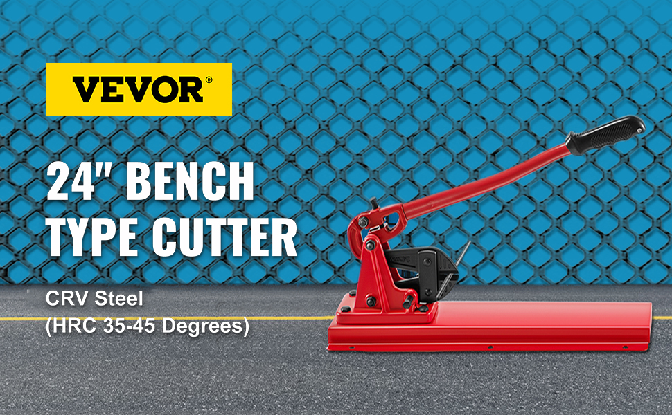 VEVOR bench swager 24" bench type cutter in red with blue hexagonal background.