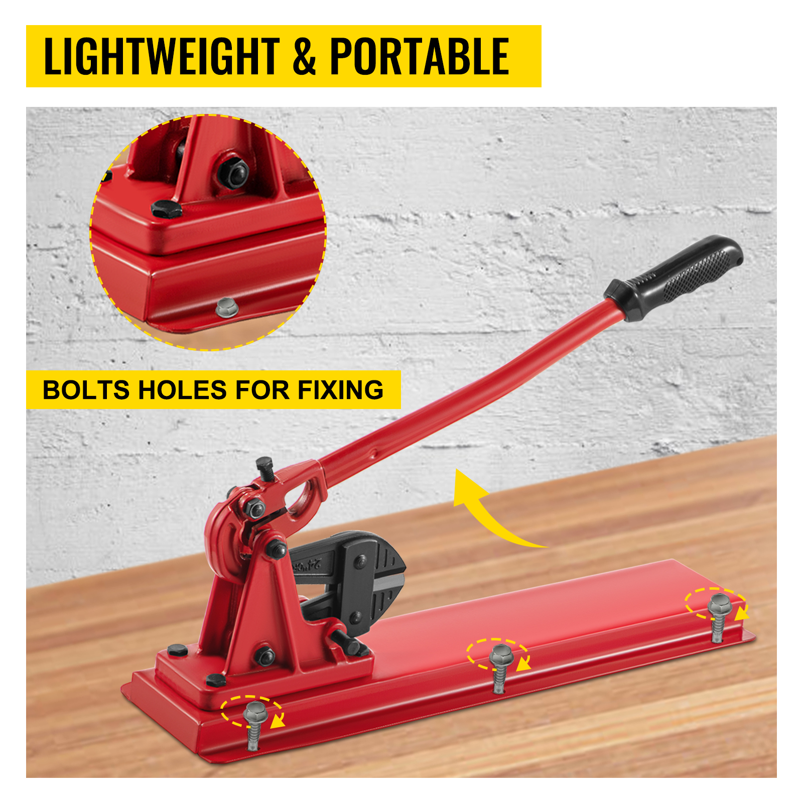 red VEVOR bench swager with bolt holes, a long handle, and a wooden surface.