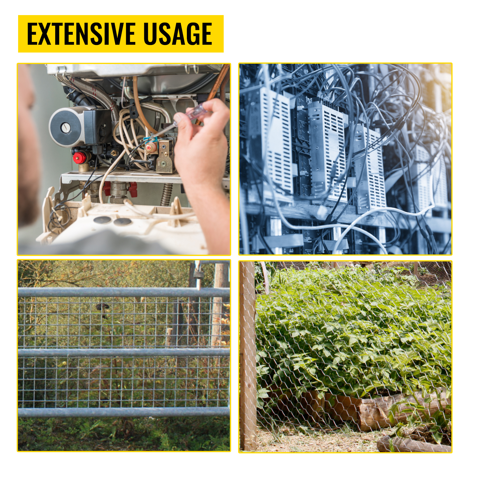 VEVOR bench swager used in various applications: hvac repair, wiring, gate, and garden fence.