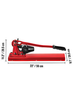 red VEVOR bench swager with handle and dimensions labeled in centimeters and inches.
