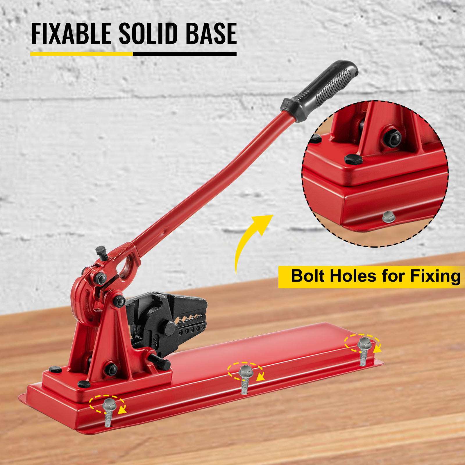 VEVOR bench swager with fixable solid base and bolt holes for secure fixing.