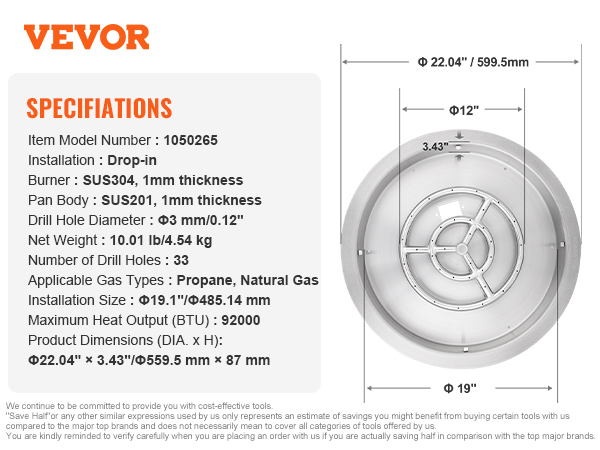 VEVOR fire pit pan specifications: 22.04" drop-in, sus304 burner, sus201 pan, propane/natural gas.