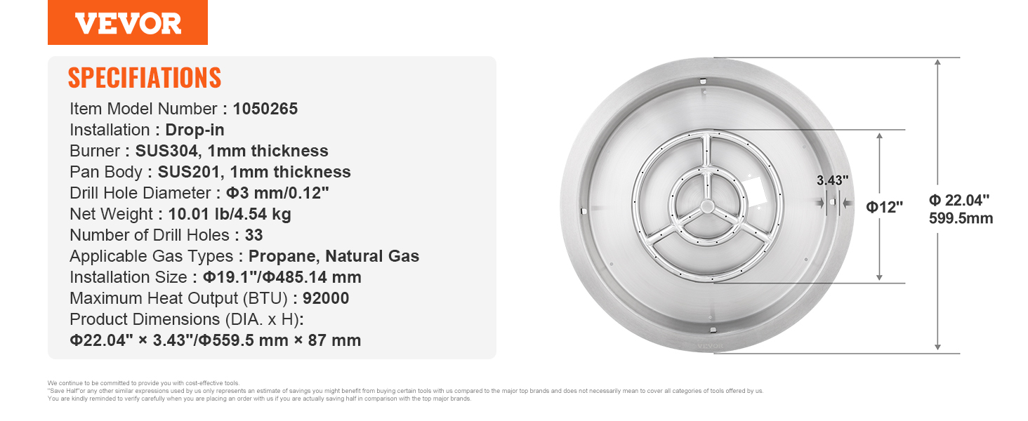 VEVOR fire pit pan specifications: 22.04" drop-in, sus304 burner, sus201 pan, propane/natural gas.