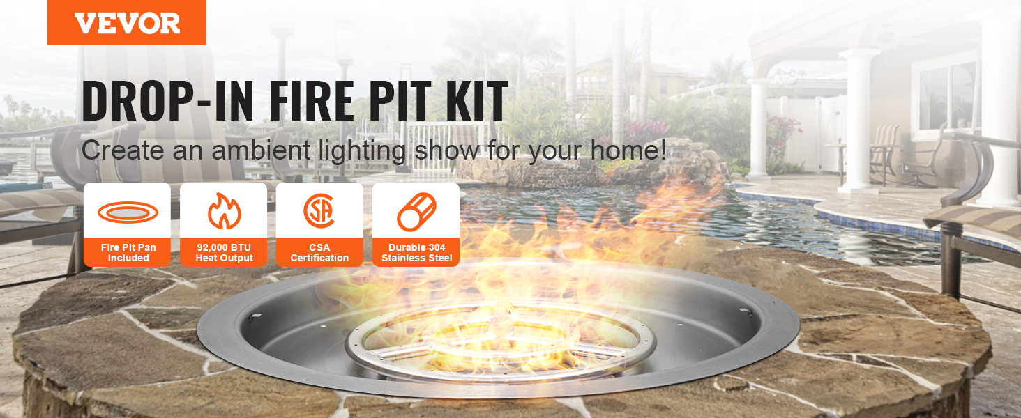 VEVOR fire pit pan in outdoor patio setting with pool, showcasing durability and high heat output.