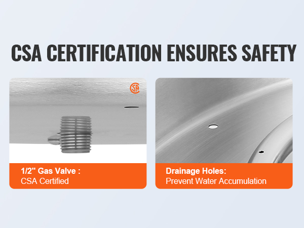 csa certification ensures safety with 1/2" gas valve and drainage holes for VEVOR fire pit pan.
