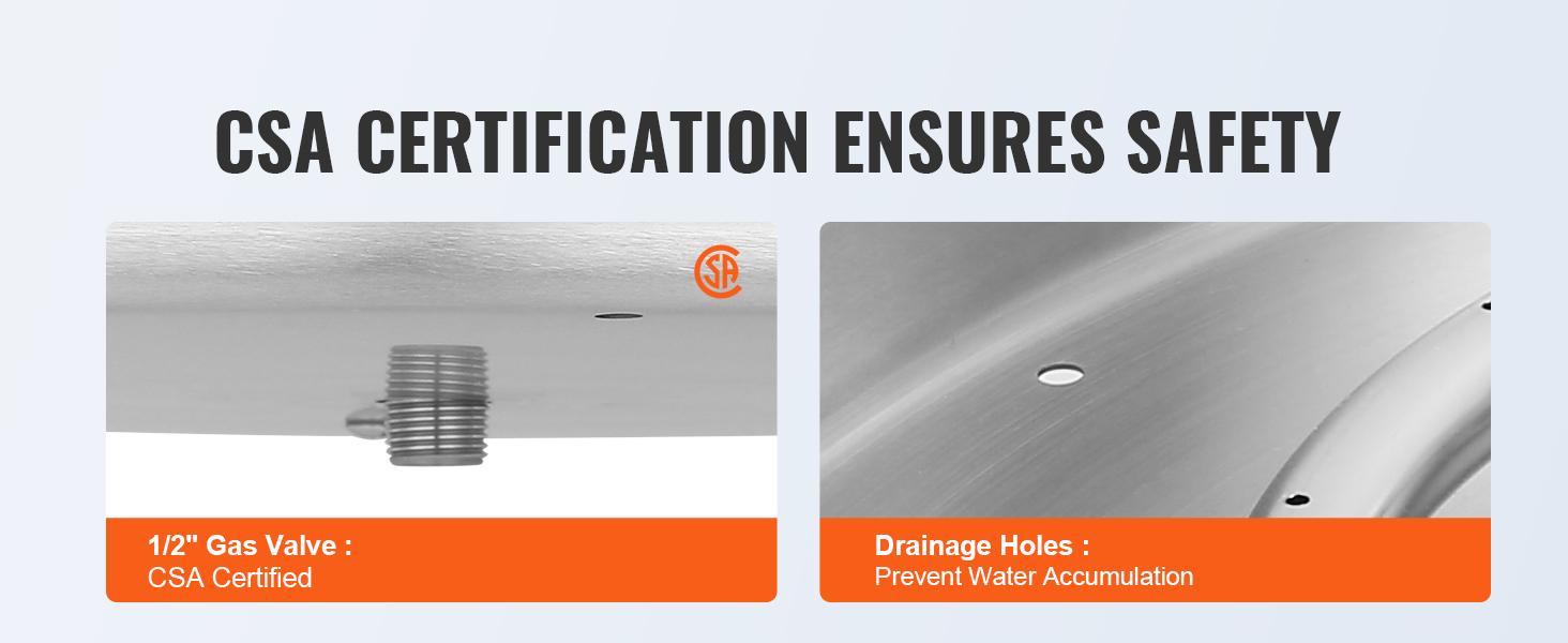 csa certification ensures safety with 1/2" gas valve and drainage holes for VEVOR fire pit pan.