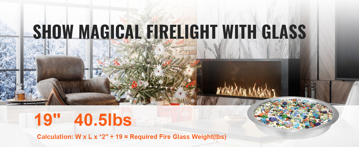 fireplace with christmas tree, cozy armchair, and colorful VEVOR fire pit pan. 19" and 40.5 lbs.