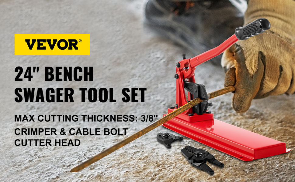 VEVOR bench swager tool set, cutting metal rod with gloved hand, red base.
