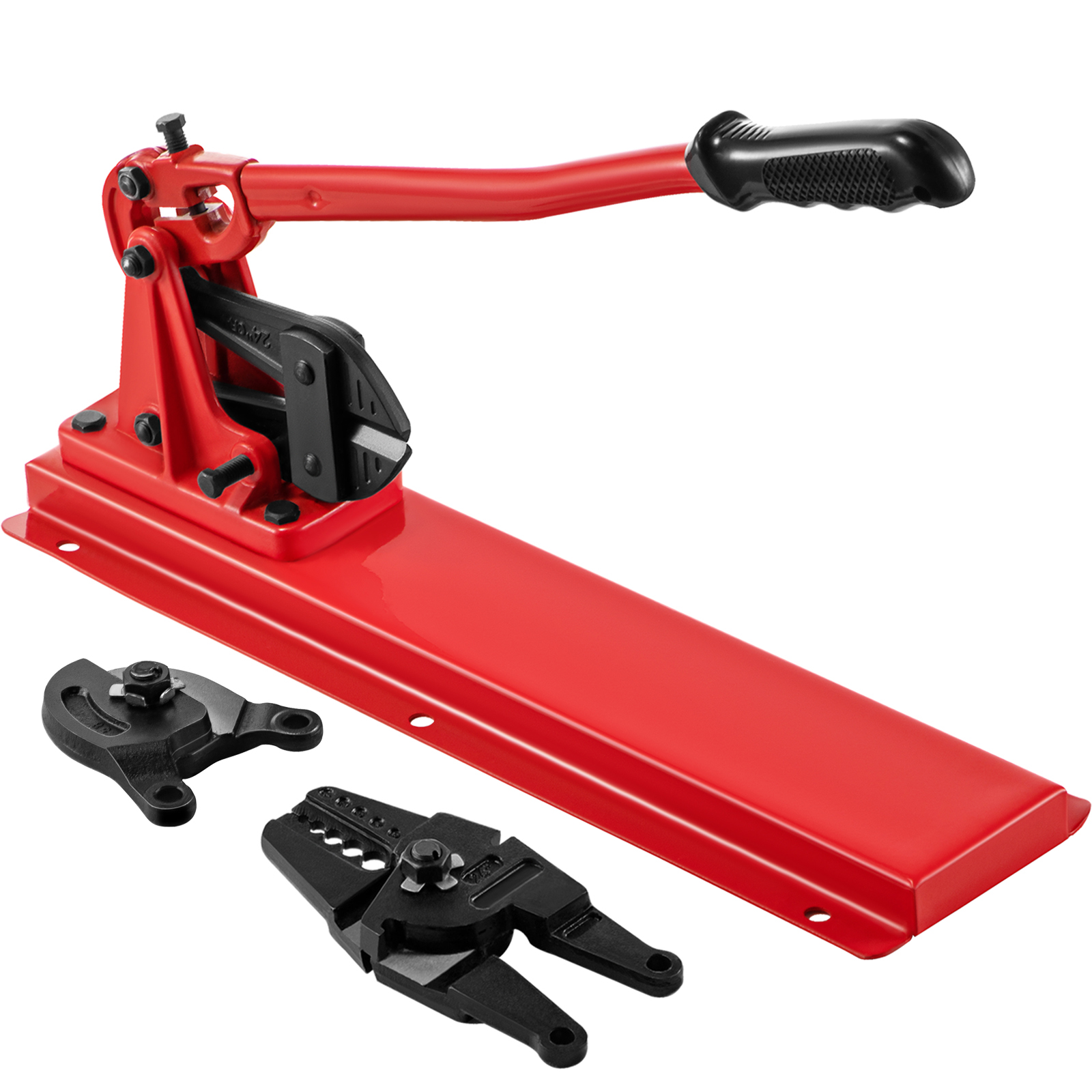 red VEVOR bench swager tool with additional black swaging dies on white background.