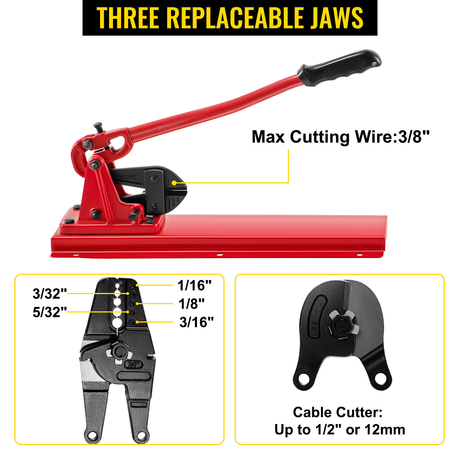 VEVOR bench swager tool with three replaceable jaws and max cutting wire 3/8 inch